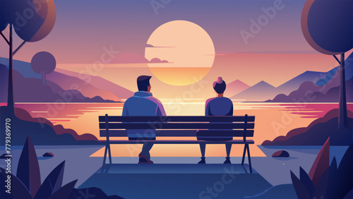 A quiet moment in a virtual park two avatars sitting on a virtual bench overlooking a virtual lake. They hold hands as they watch the digital