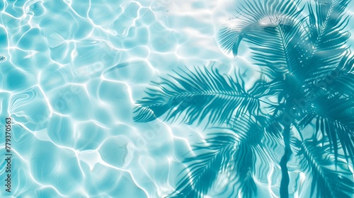 Tropical Palm Shadows Dance Over Rippling Pool Water. Summer Vibes in Aqua Colors. Ideal for Backgrounds and Relaxation Themes. AI