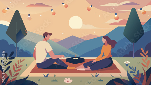 A couple sitting on a picnic blanket in the middle of a blooming field a portable record player between them as they hold hands and sway to the