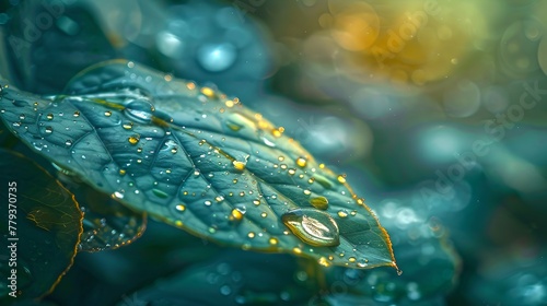 Close-up of Dew Drops on a Green Leaf. Freshness of Nature After Rainfall. Serene and Tranquil Nature Background. Vibrant Flora Close-up Shot. AI