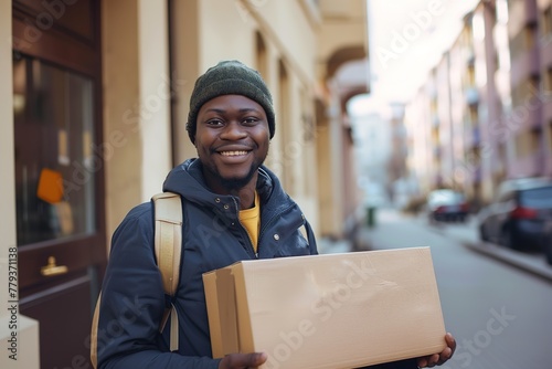 Smiling delivery man with a package on a city street.