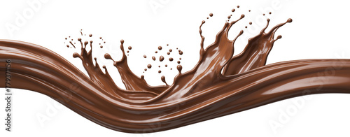 liquid chocolate long wave splash, hot cocoa drink isolated on white background 3d illustration.
