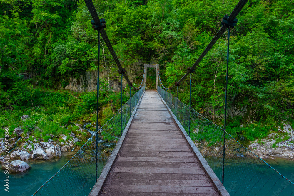 Fototapeta premium Wooden footbridge over Tara river in Montenegro