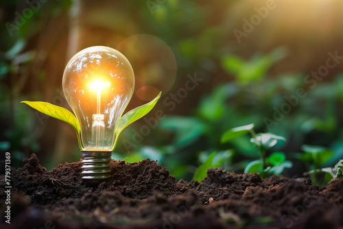 A light bulb is planted in the dirt