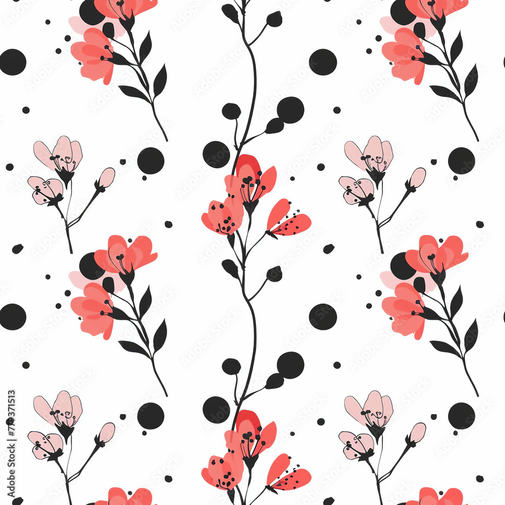 A floral pattern with red flowers and black dots