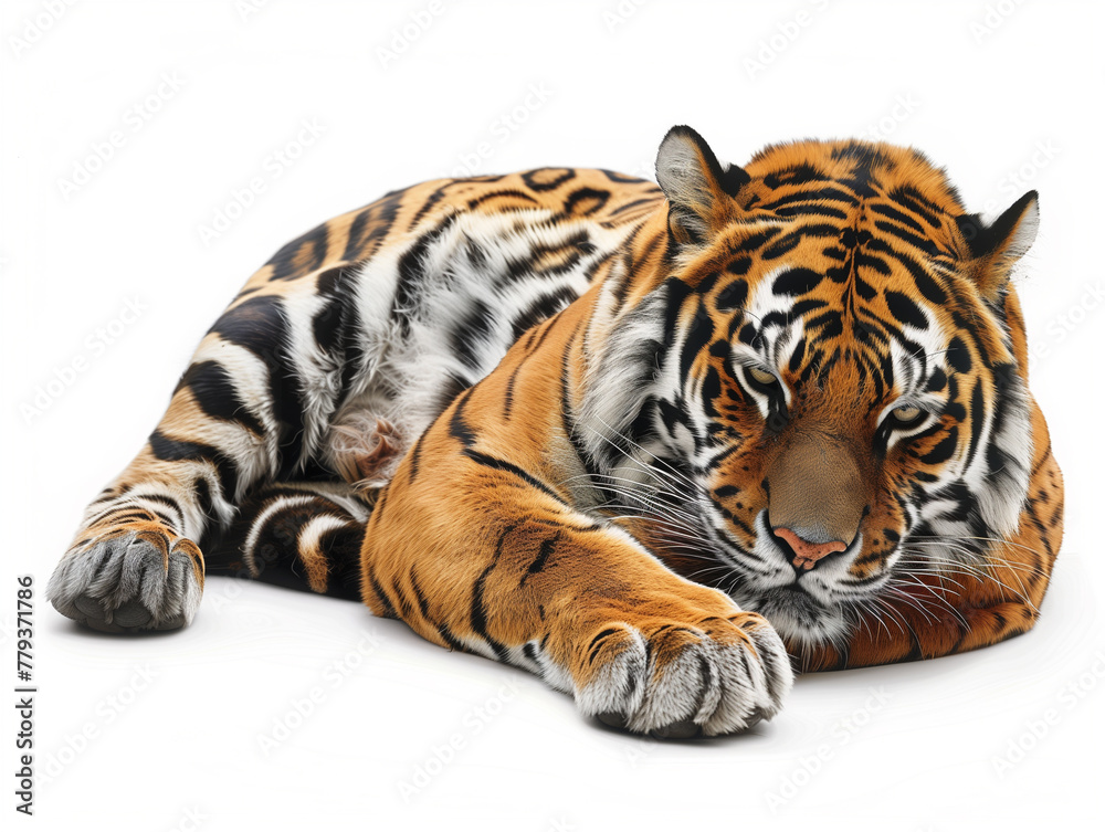 Obraz premium A tiger is laying down on a white background