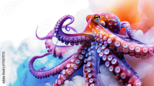 A vibrant octopus emerges with dynamic tentacles, highlighted by a colorful, smokey backdrop.