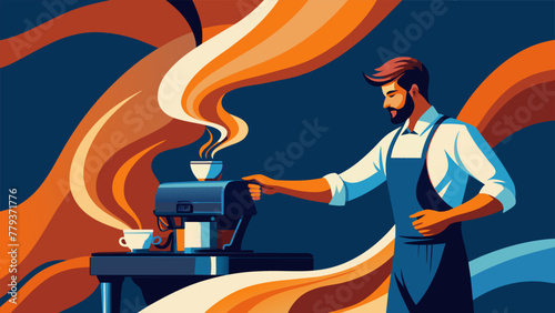 A dynamic illustration of a barista pulling an espresso shot captured in a series of fluid brushstrokes to convey the movement and energy of