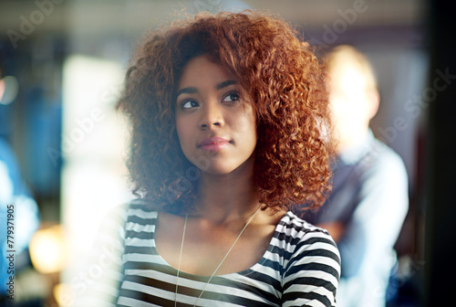 Black woman, thinking and professional in creative business, idea and problem solving in office. Female person, planning and contemplating career opportunity at agency, consultant and employee © peopleimages.com