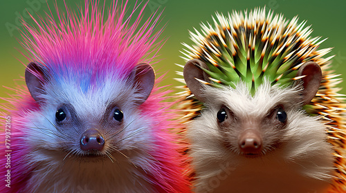 Two hedgehogs with pink and green fur