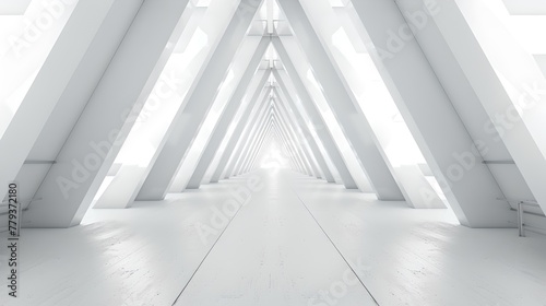 Minimalist White Hallway with Symmetrical Structure. Modern Architectural Design. Conceptual Art Space Image Generated by AI.