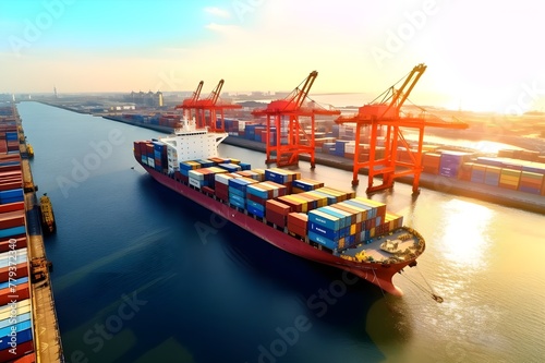 Container Cargo freight ship with working crane bridge for Logistic Import Export background, Container ship or cargo shipping business logistic import and export freight transportation