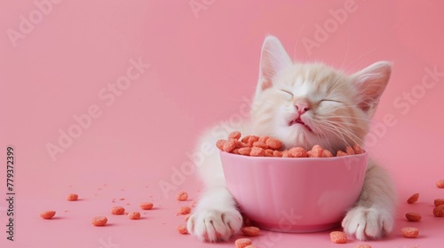 a happy white cat sticking his head out of a big bowl of kibble on a light pink pastel background pink background