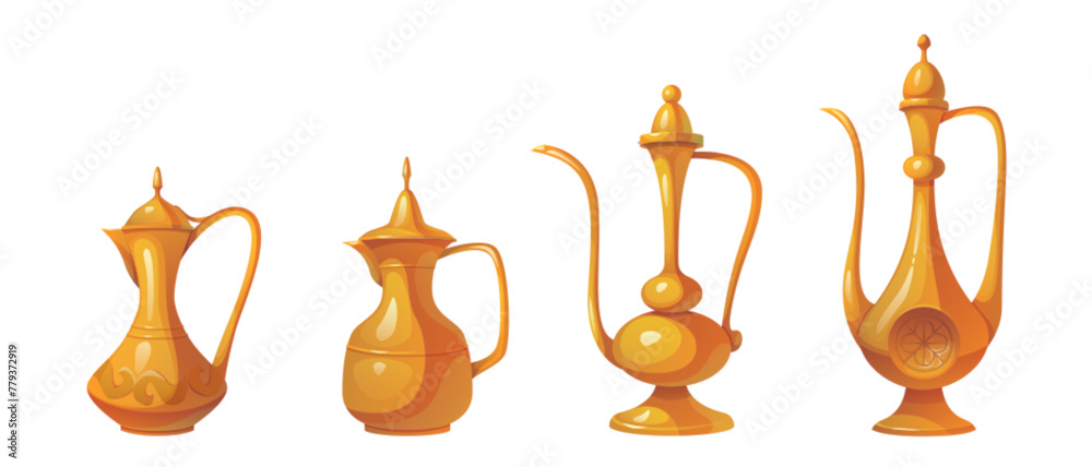 Arabic tea or coffee pot with traditional ornament. Cartoon vector illustration set of Arabian metal kettle of different shapes with antique heritage pattern. Oriental golden or copper pitcher. - obrazy, fototapety, plakaty 