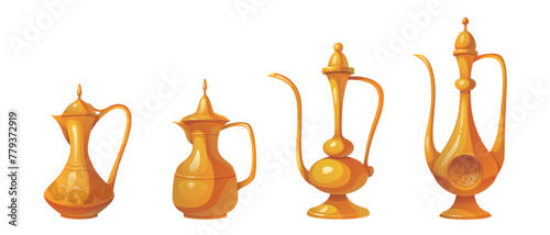 Arabic tea or coffee pot with traditional ornament. Cartoon vector illustration set of Arabian metal kettle of different shapes with antique heritage pattern. Oriental golden or copper pitcher.