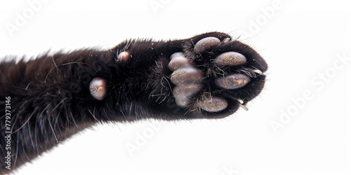 Close-up feline kitten domestic animal forefoot with copy paste empty place for text. Black cat paw isolated on white studio background. photo