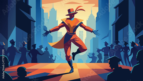 A street performer in colorful costume dances in front of a crowd of onlookers their movements suspended in time by the cameras lens. The