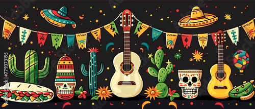 Traditional Mexican symbols: chili, sugar skull, taco and others. Illustrations for posters, banners, prints in honor of Mexican holidays