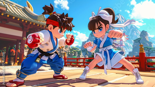 A boy and a girl wearing gi and preparing to do a straight fist strike
