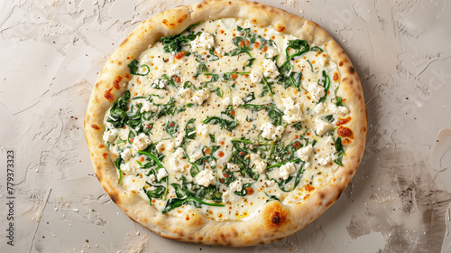 Pizza Bianca with spinach and ricotta, vibrant greens, high-definition, nutmeg garnish on light stone background. 