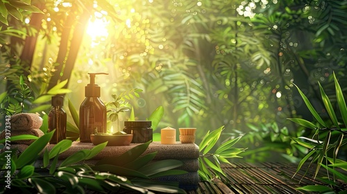 Vibrant forest background with eco-friendly household products highlighting bamboo's benefits, Detailed depiction of various bamboo-based products in a lush,​ photo