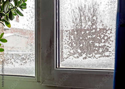 wet snow stuck to the window