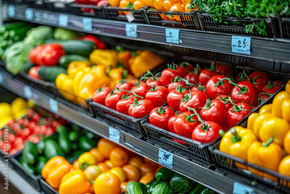 Vegetable farmer market counter: colorful various fresh organic healthy vegetables at grocery store. Generative AI.