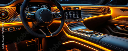 Luxurious modern car interior with elegant leather and ambient lighting, showcasing sophisticated dashboard design and high-end vehicle craftsmanship photo