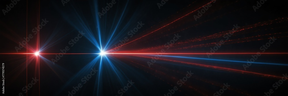 red and blue bright straight laser lights on plain black background panoramic wide angle view from Generative AI