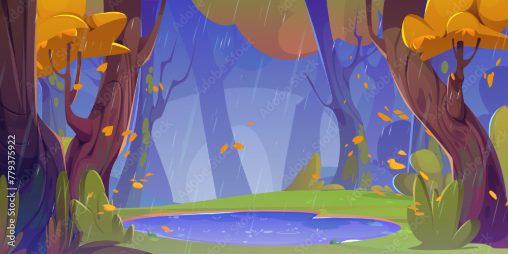 Naklejka premium Autumn forest landscape with orange leaf on trees and falling, lake and green grass on shore under rain droops. Cartoon vector fall season scenery of woodland with pond in rainy cloudy weather.