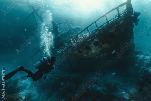 Diver exploring sunken shipwreck with symbolic underwater disc in ocean.