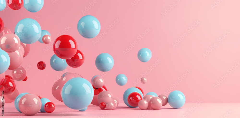 3D rendering of colorful balls flying on a pink background. 3D rendering of colorful balls flying on a pink background.
