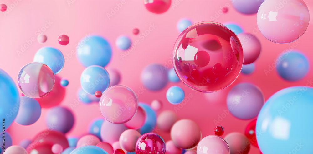 3D rendering of colorful balls flying on a pink background.