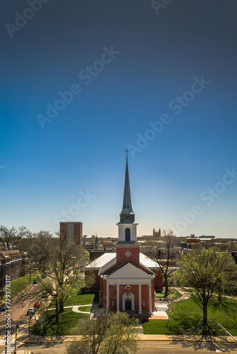 Vertical view of Midwestern town on nice spring day