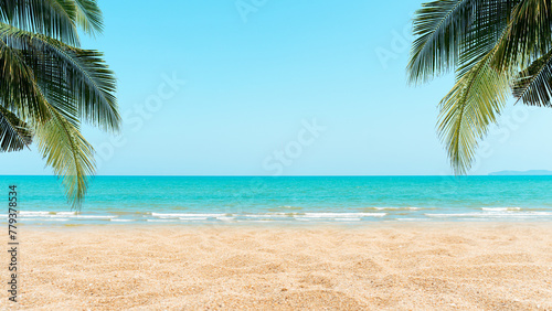 Palm tree on tropical beach with blue sky and white clouds abstract background. Copy space of summer vacation and business travel concept. Vintage tone filter effect color style.