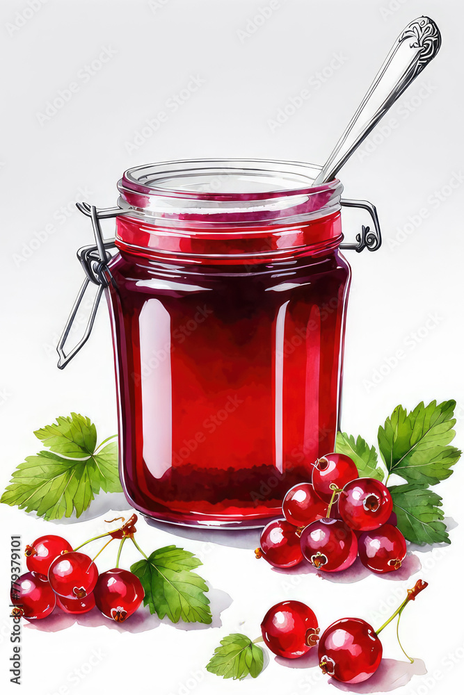 Red currant jam or marmalade and fresh red currants in watercolor style. Red currant jam or marmalade and fresh red currants in watercolor style.