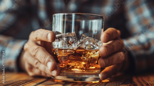 A mans hands hold a glass of whiskey atop a wooden table