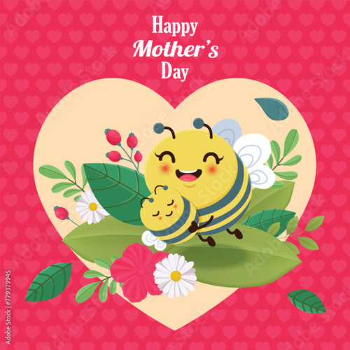 Happy Mothers Day poster with bee character. 