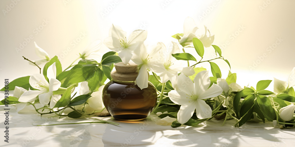 Oil of jasmine with white flowers and leaves natural relaxation floral scent on a lighted background

