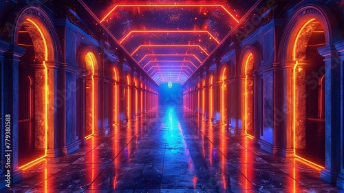 Futuristic corridor glowing with neon lights and reflections  creating a sense of depth and movement.