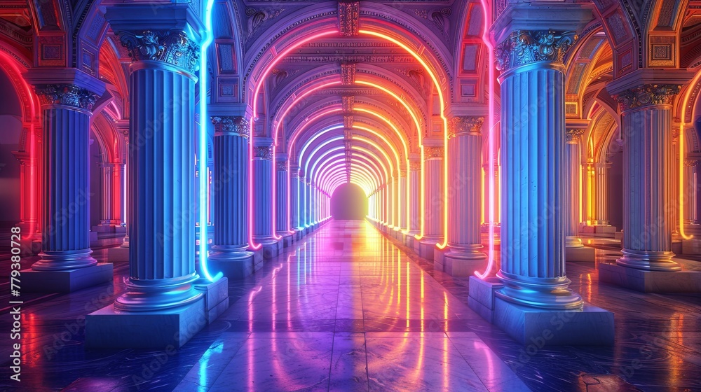 Futuristic corridor glowing with neon lights and reflections, creating a sense of depth and movement.