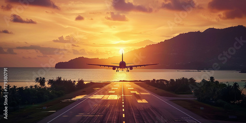 Airplane landing over a tropical beach airport at sunset .Vacation getaway concept
