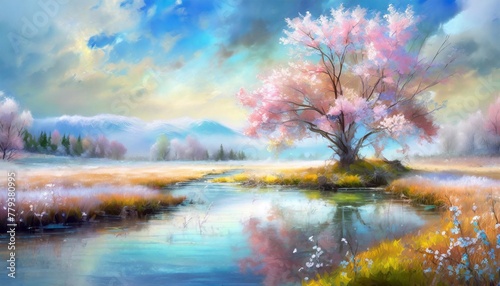 landscape with river and Sakura trees