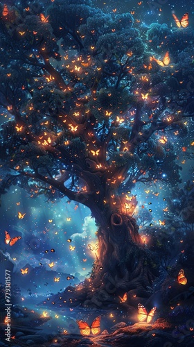 A mystical tree illuminated by the glow of magical butterflies under a starry night sky, creating a fantasy scene. © soysuwan123
