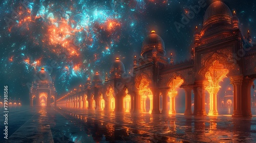 A captivating corridor of a fantasy palace illuminated by golden lights under a mesmerizing, star-filled galaxy sky.