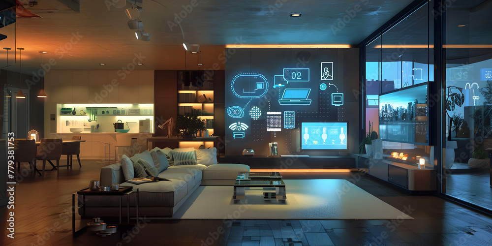 Smart Home Integration cozy living space featuring glowing digital home,
Glowing digital tablet in modern living room interior. 3D Rendering