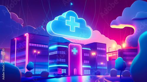 A neon cityscape hospital with a large cloud on it. The city is lit up in neon colors, giving it a futuristic and otherworldly feel