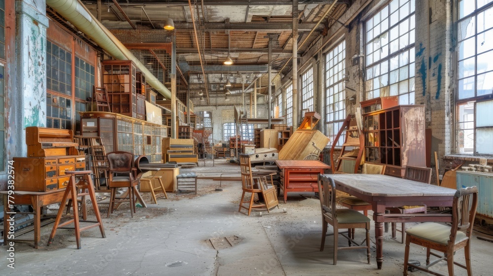 Furniture repair workshop. Old style furniture factory and locksmith workshop. 