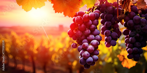 Ripe grapes in vineyard at sunset agriculture harvest farming on a sunlight background 