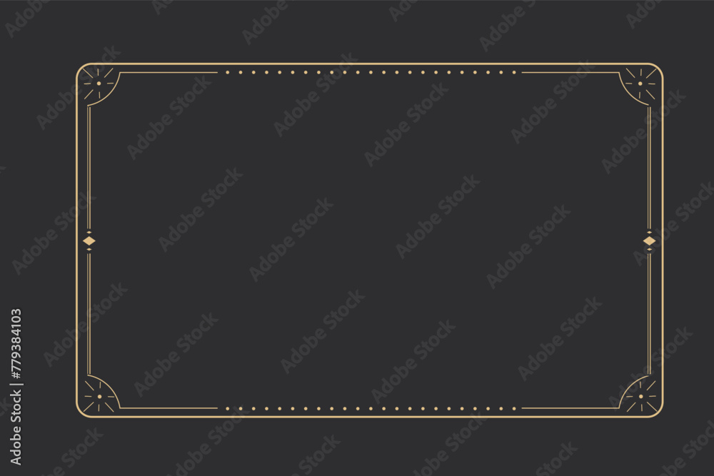 Obraz premium Line golden frame, celestiam minimal esoteric border, mystyc linear decoration with dots, corners isolated on dark background. Geometric shape, tarot 